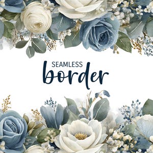 Könnte beinhalten: Aquarell-Blütenbordüre mit weißen und blauen Rosen, Grün und kleinen weißen Blüten. Die Worte "SEAMLESS border" sind in dunkler blauer Schrift geschrieben. Das Design ist vor einem weißen Hintergrund.