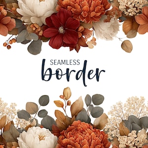Könnte beinhalten: Ein nahtloses Blumenbordüren-Design mit weißen, burgunderroten, orangefarbenen und braunen Blumen. Der Text "SEAMLESS border" ist in dunkler Schrift dargestellt. Geeignet für verschiedene Anwendungen.