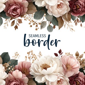 Maulbeere und Rouge, Aquarell nahtlose Blumenkante, romantische Hochzeitseinladung Clipart PNG, Burgunder rosa Blumenmuster, botanische Fliese