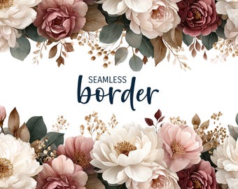 Moerbeiboom en blozen, aquarel naadloze bloemenrand, romantische huwelijksuitnodiging clipart png, bordeauxroze bloemenpatroon, botanische tegel