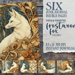 Frostwood Fox Vol 1, woodland winter junk journal, white fox digital papers, woods ephemera, winter landscape, collage, scrapbook background
