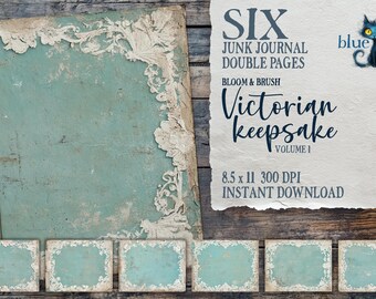 Victorian keepsake Vol 1, Victorian frame junk journal, baby blue pages, vintage papers, distressed grunge collage, scrapbooking papers
