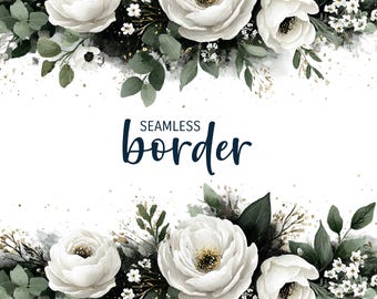 Soft white and deep forest, watercolor seamless floral border, romantic wedding invitation clipart PNG, neutral rose pattern, botanical tile