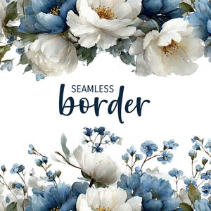Puede incluir: Diseño de borde floral en acuarela con flores blancas y azules y hojas verdes. El texto "SEAMLESS border" está escrito en una fuente azul oscuro. Adecuado para varios proyectos creativos.