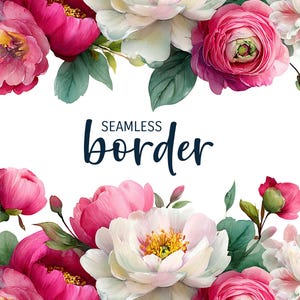 Puede incluir: Diseño de borde floral en acuarela con peonías rosas y blancas y hojas verdes. El texto "SEAMLESS border" se muestra en escritura azul oscuro. Ideal para invitaciones, tarjetas y proyectos decorativos.