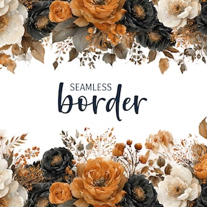 Könnte beinhalten: Ein nahtloses Bordürendesign mit Aquarellblumen in Weiß-, Schwarz- und Goldtönen. Die floralen Arrangements umfassen Rosen und andere Blüten, mit dem Wort "SEAMLESS border" in Marineblau.