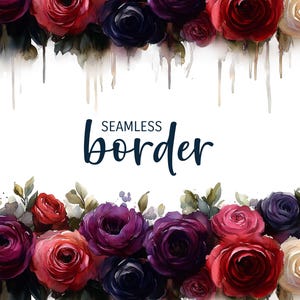 Blackberry and burgundy, watercolour seamless floral border, dramatic wedding invitation clipart PNG, moody rose pattern, botanical tile