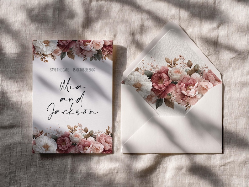 May include: A wedding invitation suite with a floral design in white, pink, and burgundy. The invitation card and envelope are on a neutral background. The card reads "Save the Date 15 October 2026" and "Mia and Jackson".