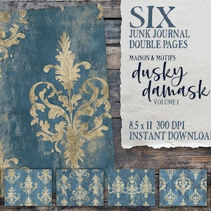 Dusky Damask Vol 1, dusty blue junk journal, damask papers, vintage digital download, distressed printable, grunge collage, blue ephemera
