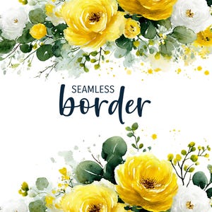 Gult och eukalyptus, akvarell sömlös blommig kant, modern bröllopsinbjudnings clipart PNG, ljust djärvt rosmönster, botanisk kakel