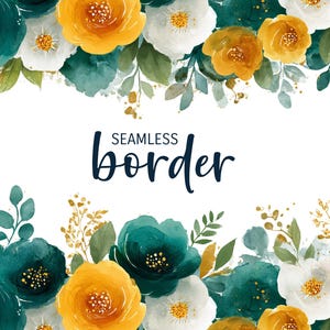 Mosterd en smaragd, aquarel naadloze bloemenrand, moderne huwelijksuitnodiging clipart png, geelgroen bloemenpatroon, botanische tegel
