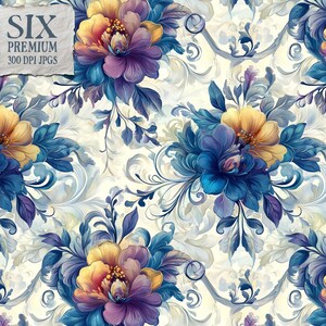 以下が含まれることがあります： クリーム色の背景に、青、紫、黄色の花と複雑な白い渦巻きが描かれたシームレスなパターンです。