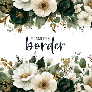 Esmeralda e ouro, borda floral sem emenda em aquarela, convite de casamento romântico clipart PNG, padrão de flor verde-ouro, azulejo botânico