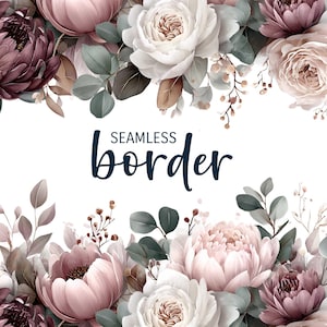 Op de afbeelding: Een naadloze bloemenrand met roze, witte en bordeauxrode bloemen en groene bladeren. De tekst "SEAMLESS border" staat in een donkerblauw script. Een decoratief bloemstuk.