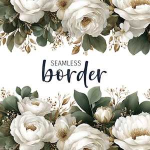 Op de afbeelding: Waterverf bloemenrandontwerp met witte pioenrozen, groene bladeren en gouden en bruine accenten. De woorden "SEAMLESS border" zijn geschreven in marineblauw script. Ideaal voor uitnodigingen en ontwerpprojecten.
