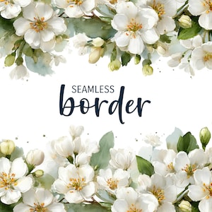 May include: Watercolor floral border design featuring white blossoms with yellow centers and green leaves. The words "SEAMLESS border" are written in a dark blue script across the center of the image. The design is on a white background.