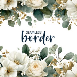 Cream and slate, watercolour seamless floral border, romantic wedding invitation clipart PNG, white grey flower pattern, botanical tile