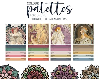 Alphonse Mucha art nouveau: colour palette for Ohuhu Honolulu 320 markers, alcohol marker color palette, colour scheme, colorway, colouring