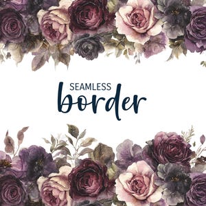 Dark plum and dusty charcoal, watercolour seamless floral border, romantic wedding invitation clipart PNG, moody gothic rose pattern