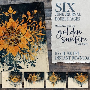 Golden Sunfire Vol 1 Junk Journal Seiten, antikes Damastmotivpapier, Vintage inspirierter digitaler Download, druckbare Ephemera