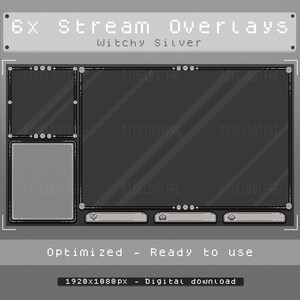 May include: Six grey and white pixel art stream overlays with the text "Witchy Silver" and "Optimized - Ready to use" and "1920x1080px - Digital download".