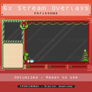 May include: A Christmas-themed Twitch stream overlay with a red and green color scheme. The overlay features a wreath, a stocking, a cup of hot cocoa, and a Christmas tree. The text "6x Stream Overlays Christmas" is displayed at the top of the overlay.