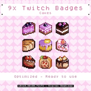 Puede incluir: Nueve diseños de pasteles en pixel art para insignias de Twitch. Los pasteles son de varios estilos, incluyendo un pastel de chocolate con arándanos, un pastel de limón con glaseado morado y un pastel de fresa con glaseado rosa. Los diseños están optimizados para su uso como insignias de Twitch.