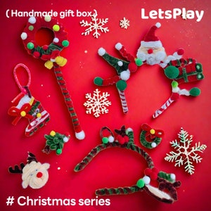 May include: A set of handmade Christmas-themed headbands, including a Santa, a reindeer, a wreath, and a Christmas tree. The headbands are made with red, green, and white felt and pom-poms. The background is red. #Christmas series LetsPlay