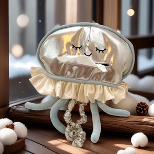 May include: A plush tissue box cover shaped like a jellyfish. The cover is silver with a light blue trim and a cream-colored ruffle. The jellyfish has closed eyes and a smiling mouth. The tentacles are light blue.
