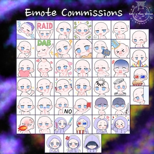 Peut inclure: Une grille de 40 émojis de dessin animé différents, chacun représentant une expression faciale ou une action différente. Les émojis sont tous dans un style similaire, avec de grands yeux et des traits simples. Les émojis sont étiquetés avec du texte tel que "RAID", "DAB", "NO" et "1000 !"