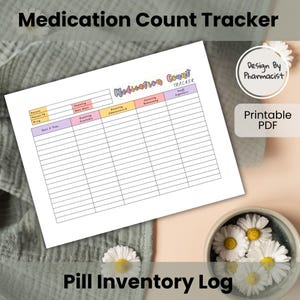 May include: A white printable PDF medication count tracker with the title "Medication Count Tracker" in colourful text. The document includes sections for patient information, drug details, and quantity tracking. The words "Pill Inventory Log" are at the bottom.