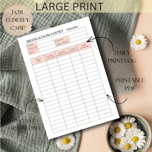 Large Print Daily Medication Log Printable | Pill Tracker for Elderly Care | Medicine Record PDF A4 US Letter A5