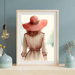 Elegant Woman in Red Hat – Watercolor Digital Print | Feminine Fashion Illustration, Minimal Wall Art, Home, Bedroom Decor, Instant Download