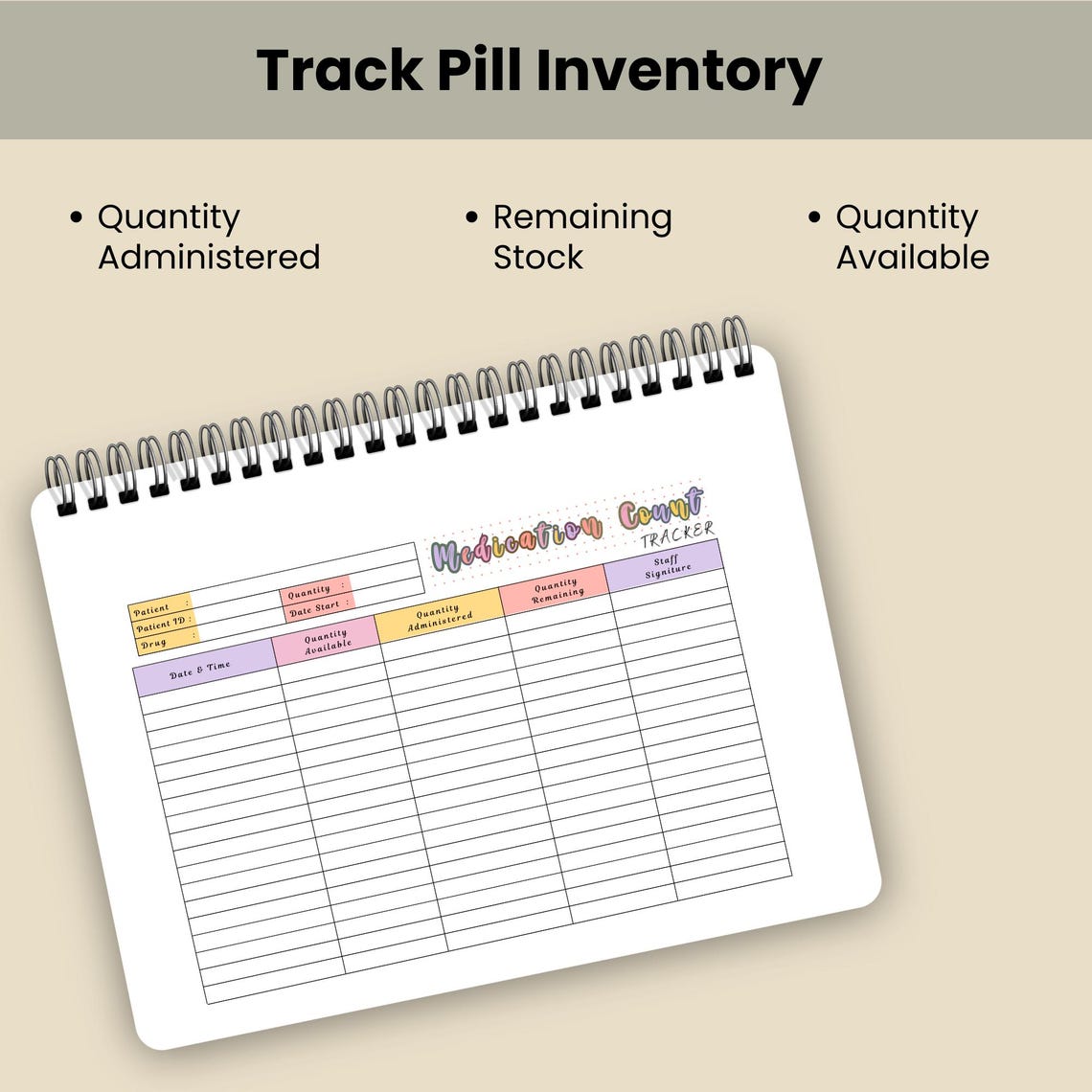 Pill Inventory Form Medication Count Tracker Printable | Pill Inventory Log Sheet ...