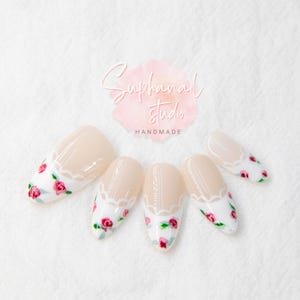 Hand-Painted Rose Lace French Press On Nails: Spring Wedding