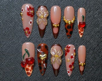 Hand Painted Press On Nails: Butterfly, Cherry, Y2K Almond Nails