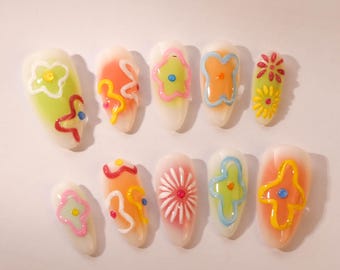 Hand-Painted Swirl Press On Nails: Tropical Almond Reusable Fake Nails