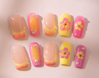 3D Flower Press On Nails: Dreamlike Boho Summer False Nails