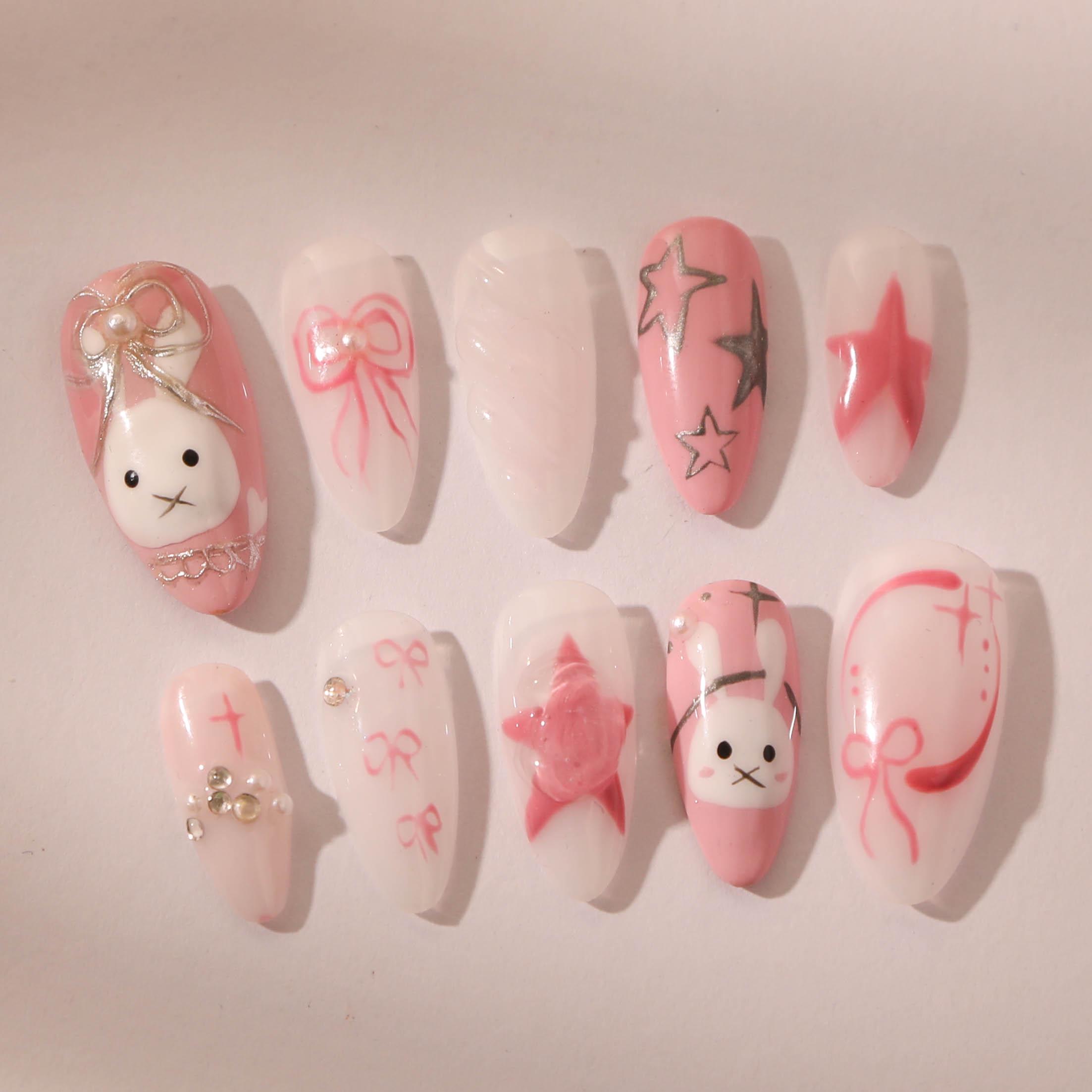 Hand-painted Press-on Nails: 3D Rabbit, Pink Bow, Kawaii Spring