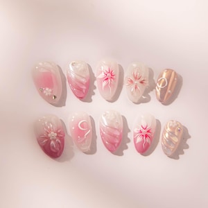 3D Floral Press On Nails: Pink & White Summer Design