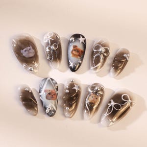 Cute cat press on nails/Gothic press on nails/Flakes for nails/Hand painted cat lover nail /Japanese nails/Short nails/Almond nails/y2k Nail