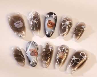 Hand Painted Cat Press On Nails: Gothic Flake Almond Nails