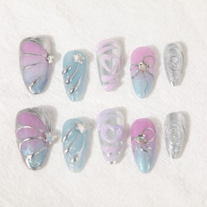 Butterfly Nails with Bows/star nails/sequin nails/Hand-painted 3D pressed nails/Y2K nails
