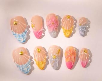 3D Tropical Flower Press On Nails: Starfish Almond Nail Art