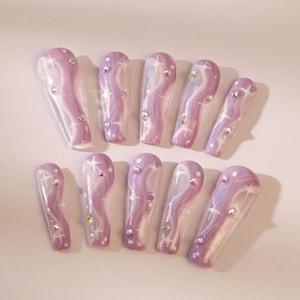 Handmade Long Almond Press On Nails: Star Flakes, Gel Polish