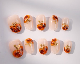 Halloween pumpkin press on nails/Fall vibe handmade nails/Unique holiday gifts/Gel nails/Patch nails/Reusable nails