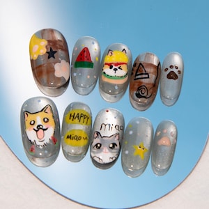 Hand painted Cute Puppy& Cat press on nails/party press on nails/Flakes for nails/wedding nail gift/Japanese nail/ short nail/Pet Lover nail