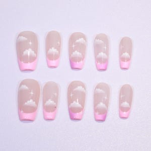 Handmade Cloud Press On Nails: Pink French Tip, Long Coffin