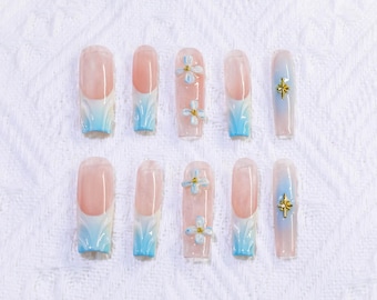 Uñas postizas con flores 3D pintadas a mano: uñas largas y cuadradas para fiesta