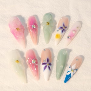 Hand Painted 3D Flower Press On Nails: Long Stiletto Style